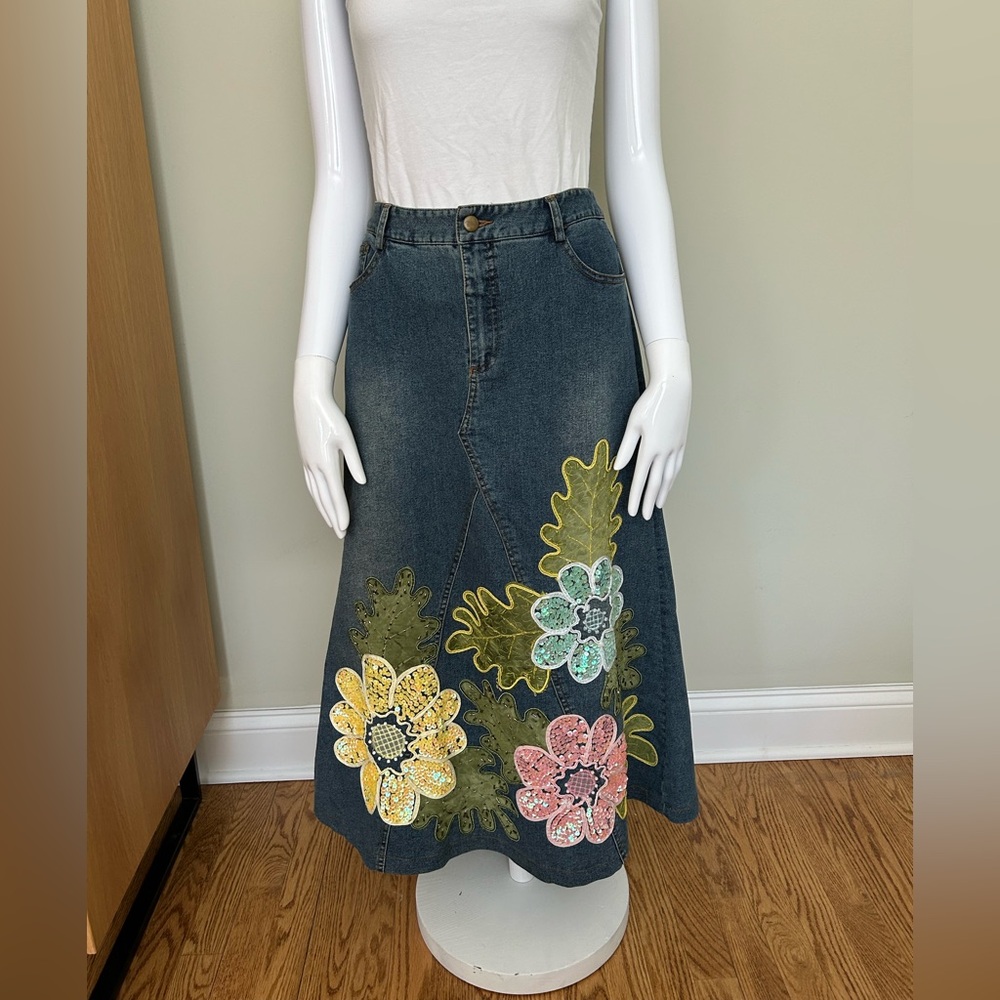 Vintage Denim Skirt with Floral Embroidery